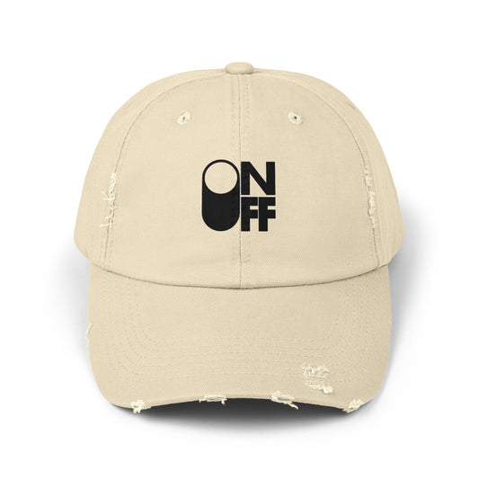 Distressed Unisex Cap with 'ON/OFF' Design, Casual Fashion Accessory, Ideal for Gifting, Everyday Wear, Summer Outings, Trendy Headwear