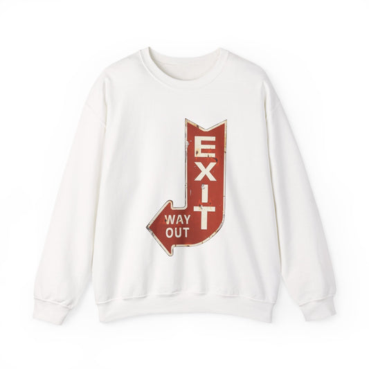 Retro Exit Sign Crewneck Sweatshirt, Unisex Comfortable Hoodie, Casual Streetwear, Perfect Gift for Art Lovers, Vintage Style Apparel