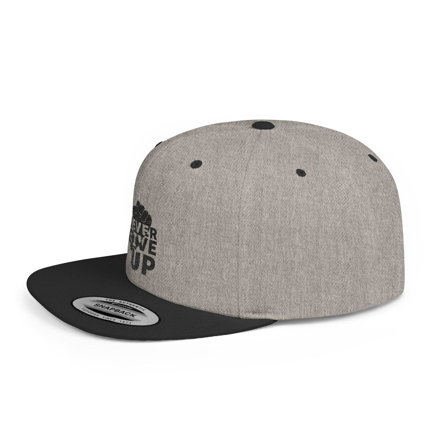 Never Give Up Flat Bill Snapback Cap, Motivational Hat, Streetwear Accessory, Gift for Him/Her, Unisex Fashion