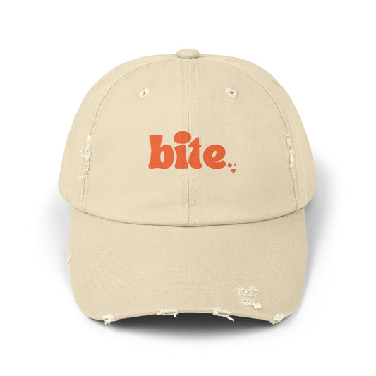 Distressed Cap with 'bite.' Design, Casual Fashion Accessory, Streetwear Style, Gift for Food Lovers, Summer Essential
