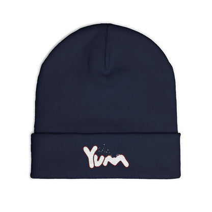 Cozy Knit Beanie with 'Yum' Embroidery, Winter Hat, Gift for Food Lovers, Casual Fashion Accessory, Perfect for Outdoor Activities