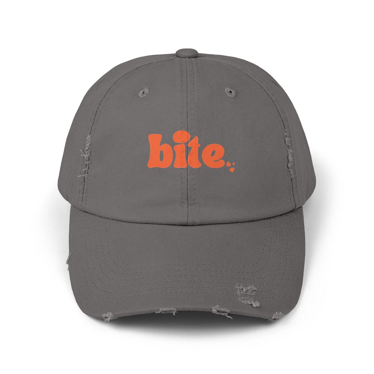 Distressed Cap with 'bite.' Design, Casual Fashion Accessory, Streetwear Style, Gift for Food Lovers, Summer Essential