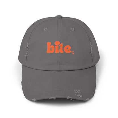 Distressed Cap with 'bite.' Design, Casual Fashion Accessory, Streetwear Style, Gift for Food Lovers, Summer Essential