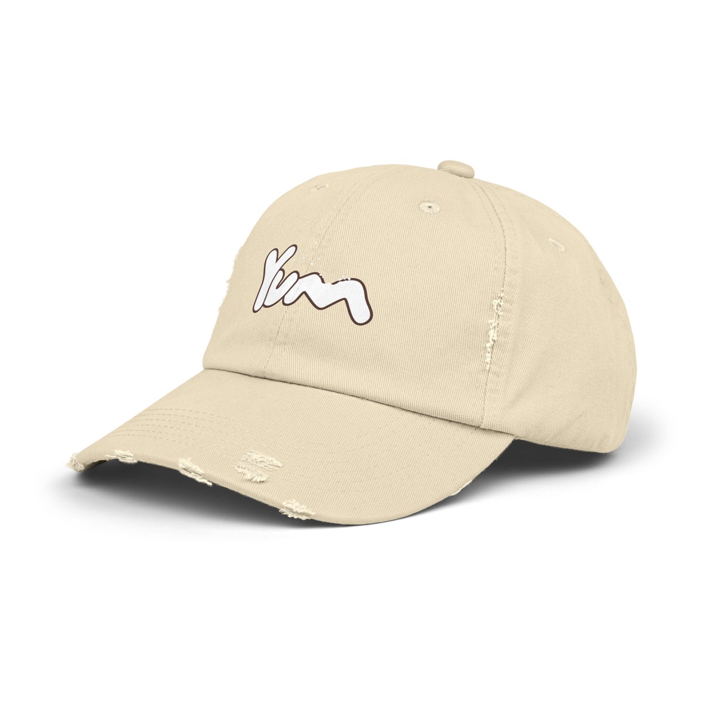 Trendy Distressed Cap with 'Yum' Design, Fashion Accessory, Gift for Food Lovers, Casual Outdoor Wear, Unique Statement Piece