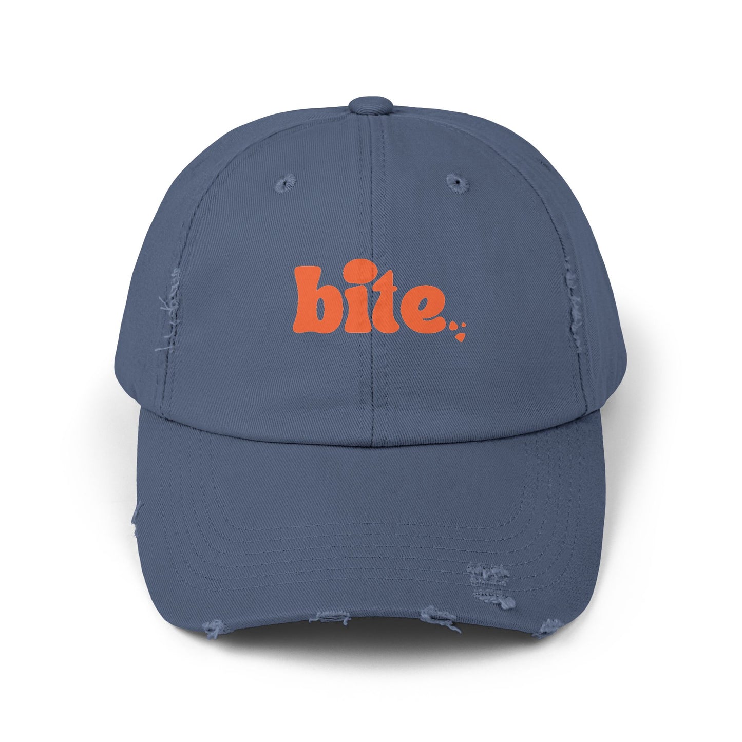 Distressed Cap with 'bite.' Design, Casual Fashion Accessory, Streetwear Style, Gift for Food Lovers, Summer Essential
