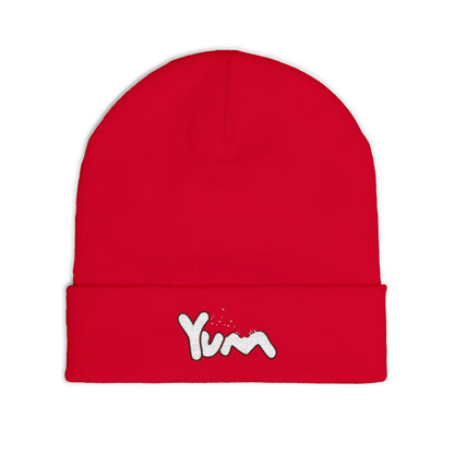 Cozy Knit Beanie with 'Yum' Embroidery, Winter Hat, Gift for Food Lovers, Casual Fashion Accessory, Perfect for Outdoor Activities