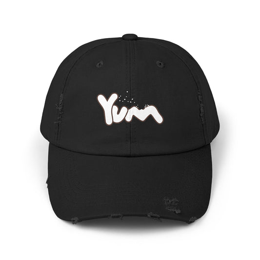 Trendy Distressed Cap with 'Yum' Design, Fashion Accessory, Gift for Food Lovers, Casual Outdoor Wear, Unique Statement Piece