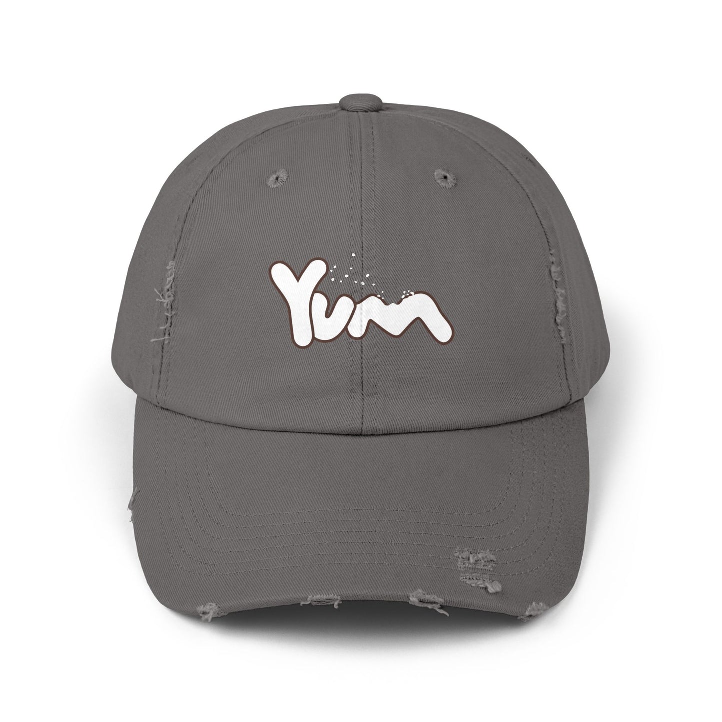 Trendy Distressed Cap with 'Yum' Design, Fashion Accessory, Gift for Food Lovers, Casual Outdoor Wear, Unique Statement Piece