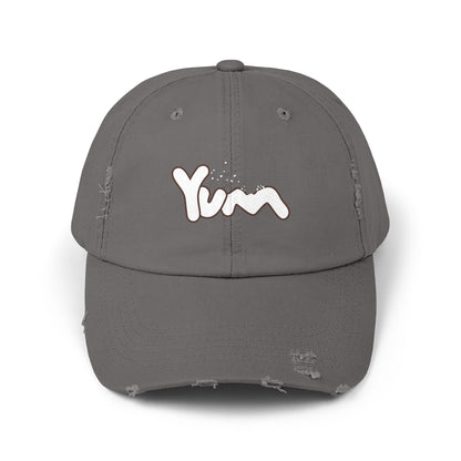 Trendy Distressed Cap with 'Yum' Design, Fashion Accessory, Gift for Food Lovers, Casual Outdoor Wear, Unique Statement Piece