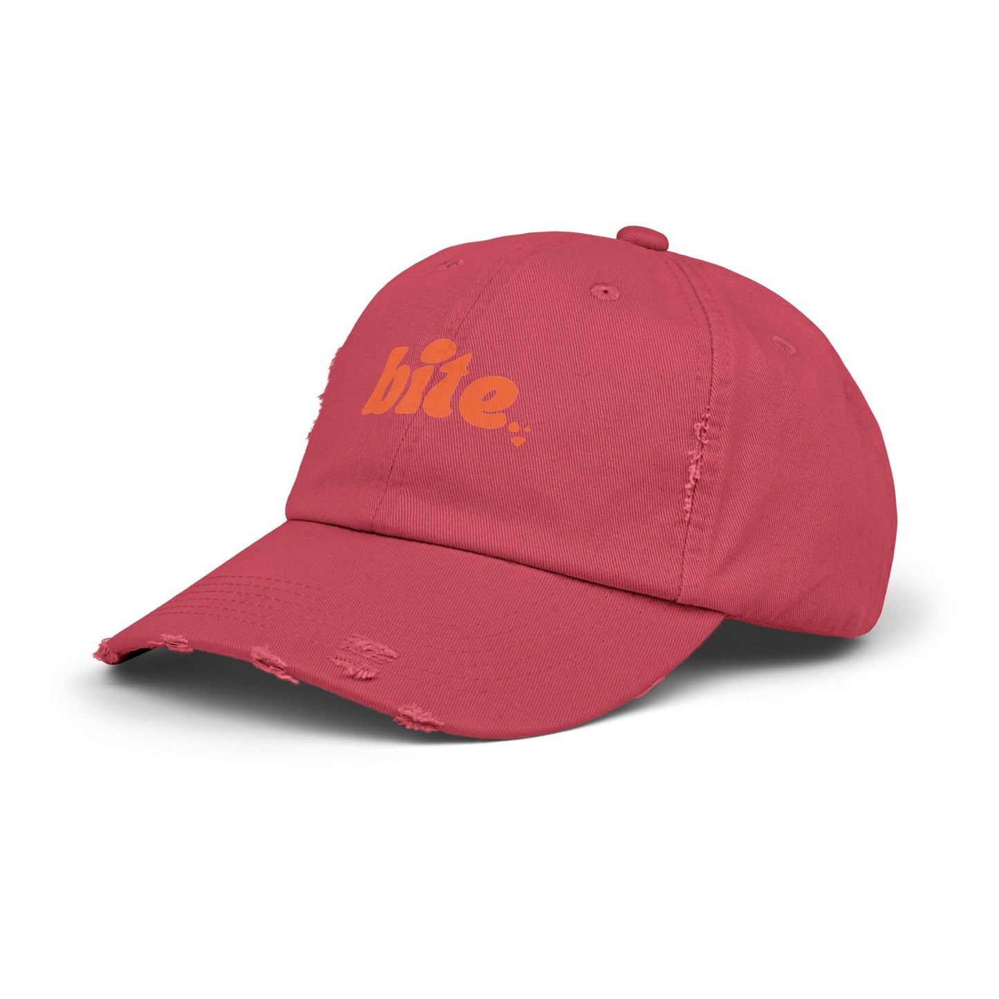Distressed Cap with 'bite.' Design, Casual Fashion Accessory, Streetwear Style, Gift for Food Lovers, Summer Essential