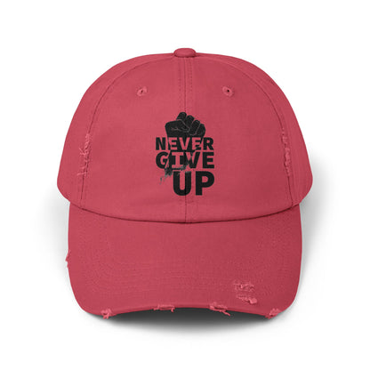 Unisex Distressed Cap with 'Never Give Up' Message - Motivational Gift for Sport Lovers, Daily Wear, Inspirational Accessory