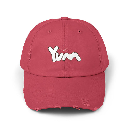 Trendy Distressed Cap with 'Yum' Design, Fashion Accessory, Gift for Food Lovers, Casual Outdoor Wear, Unique Statement Piece
