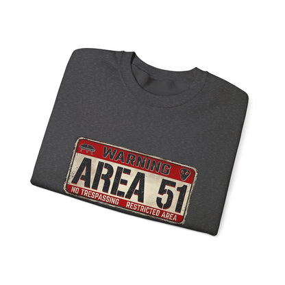 Area 51 Warning Crewneck Sweatshirt - Unisex Fashion, Urban Style, Casual Comfort, Alien Enthusiast Gift, Halloween Costume