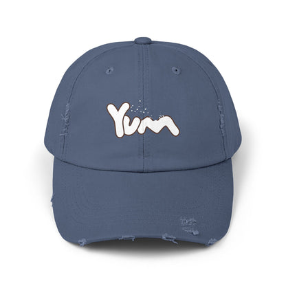 Trendy Distressed Cap with 'Yum' Design, Fashion Accessory, Gift for Food Lovers, Casual Outdoor Wear, Unique Statement Piece