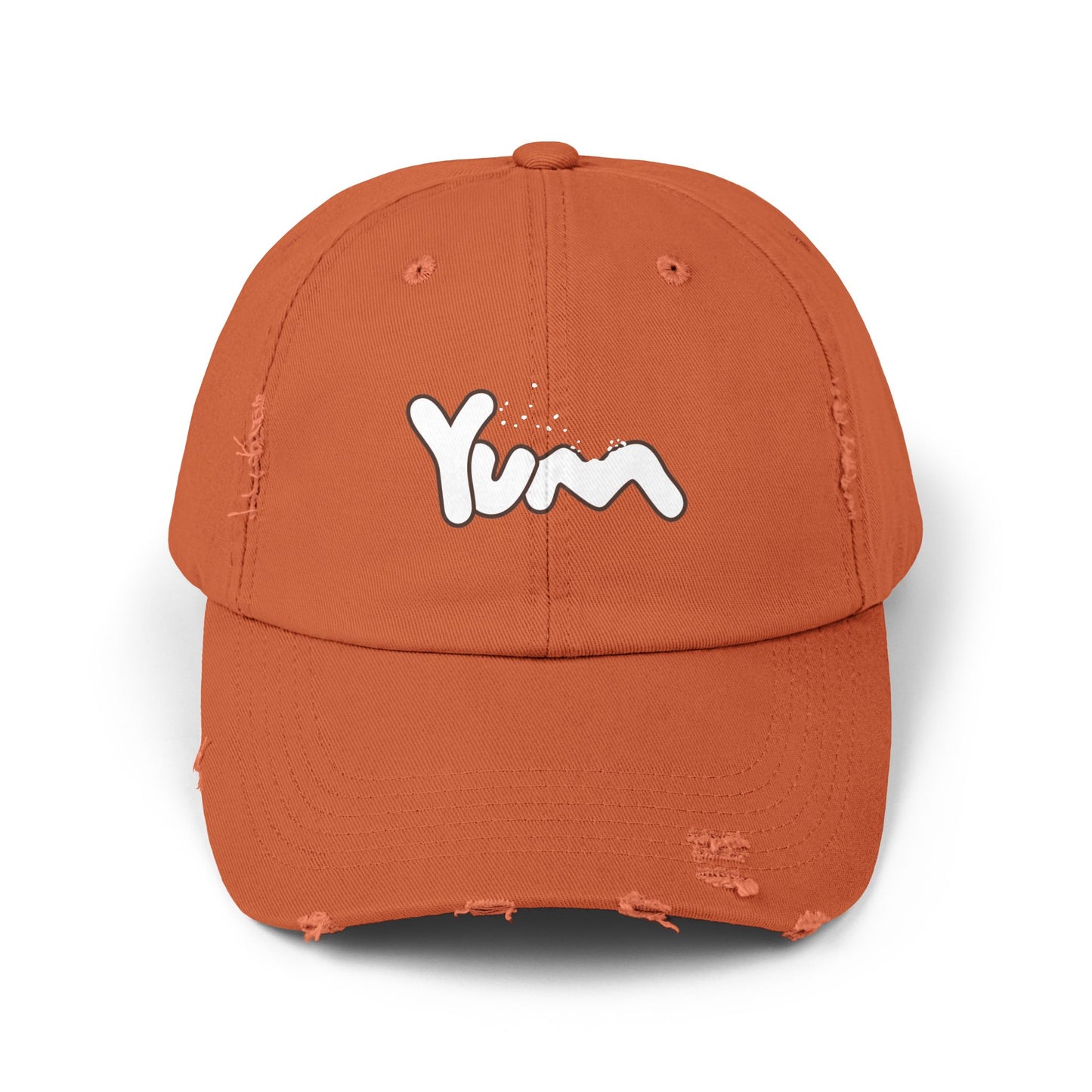 Trendy Distressed Cap with 'Yum' Design, Fashion Accessory, Gift for Food Lovers, Casual Outdoor Wear, Unique Statement Piece