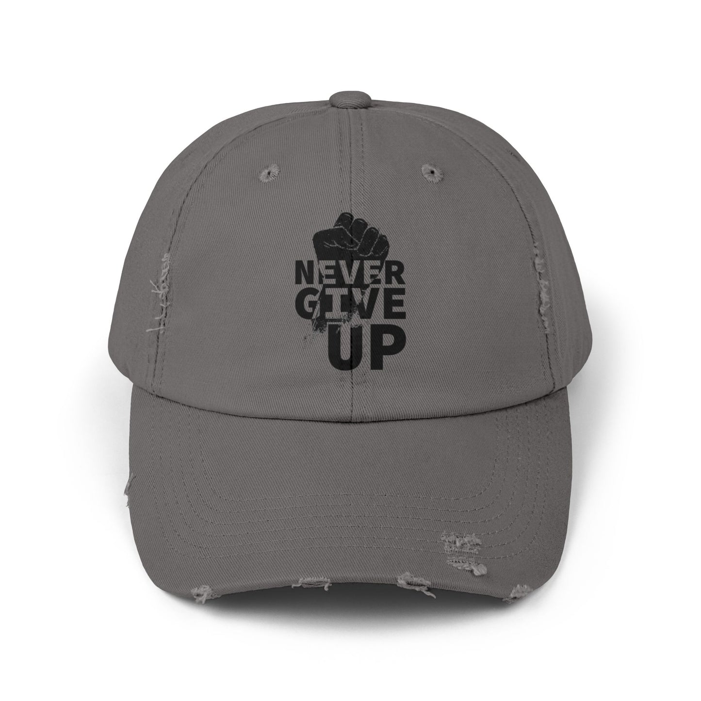 Unisex Distressed Cap with 'Never Give Up' Message - Motivational Gift for Sport Lovers, Daily Wear, Inspirational Accessory