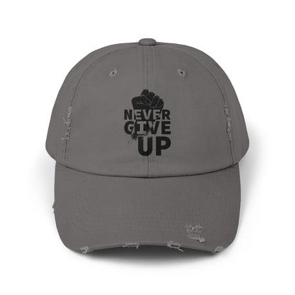 Unisex Distressed Cap with 'Never Give Up' Message - Motivational Gift for Sport Lovers, Daily Wear, Inspirational Accessory