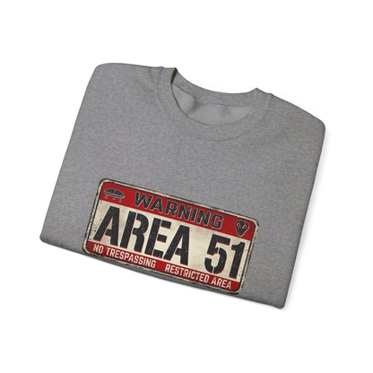 Area 51 Warning Crewneck Sweatshirt - Unisex Fashion, Urban Style, Casual Comfort, Alien Enthusiast Gift, Halloween Costume