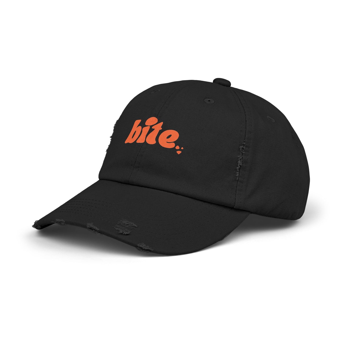 Distressed Cap with 'bite.' Design, Casual Fashion Accessory, Streetwear Style, Gift for Food Lovers, Summer Essential