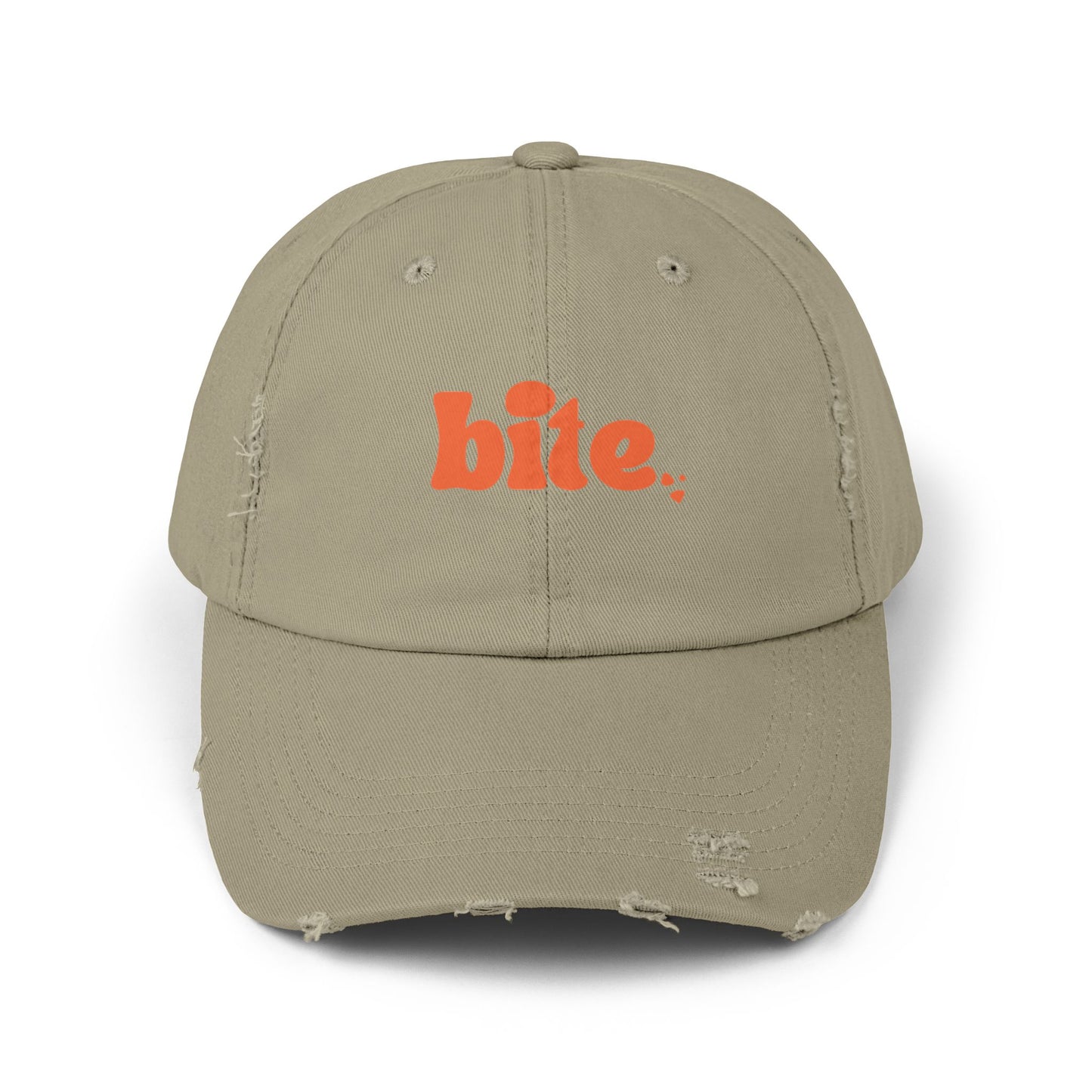Distressed Cap with 'bite.' Design, Casual Fashion Accessory, Streetwear Style, Gift for Food Lovers, Summer Essential