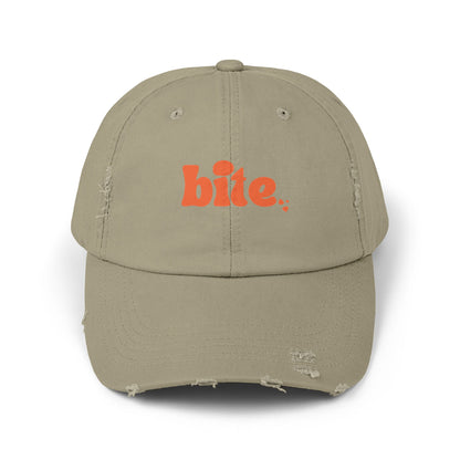 Distressed Cap with 'bite.' Design, Casual Fashion Accessory, Streetwear Style, Gift for Food Lovers, Summer Essential