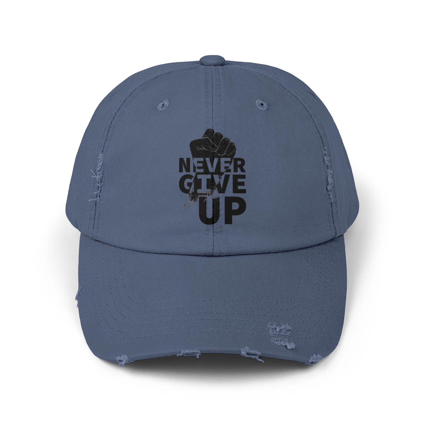 Unisex Distressed Cap with 'Never Give Up' Message - Motivational Gift for Sport Lovers, Daily Wear, Inspirational Accessory