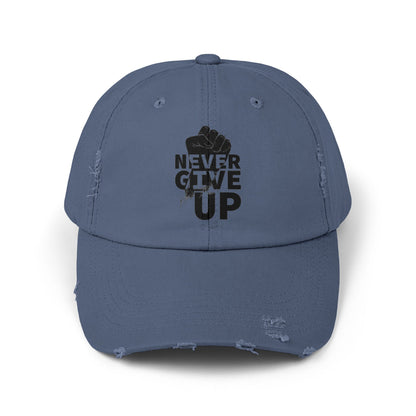 Unisex Distressed Cap with 'Never Give Up' Message - Motivational Gift for Sport Lovers, Daily Wear, Inspirational Accessory