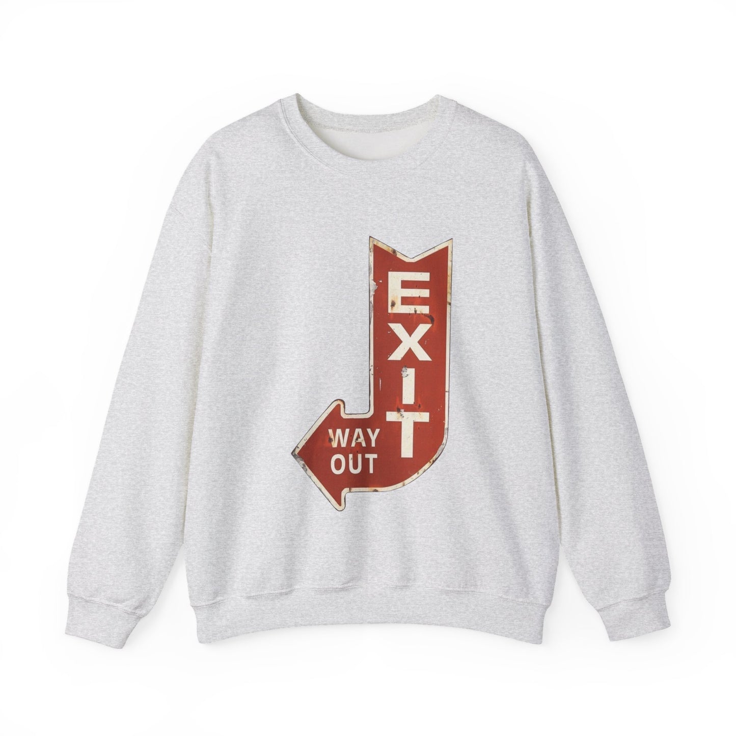 Retro Exit Sign Crewneck Sweatshirt, Unisex Comfortable Hoodie, Casual Streetwear, Perfect Gift for Art Lovers, Vintage Style Apparel