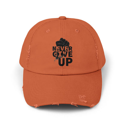Unisex Distressed Cap with 'Never Give Up' Message - Motivational Gift for Sport Lovers, Daily Wear, Inspirational Accessory