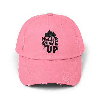Unisex Distressed Cap with 'Never Give Up' Message - Motivational Gift for Sport Lovers, Daily Wear, Inspirational Accessory