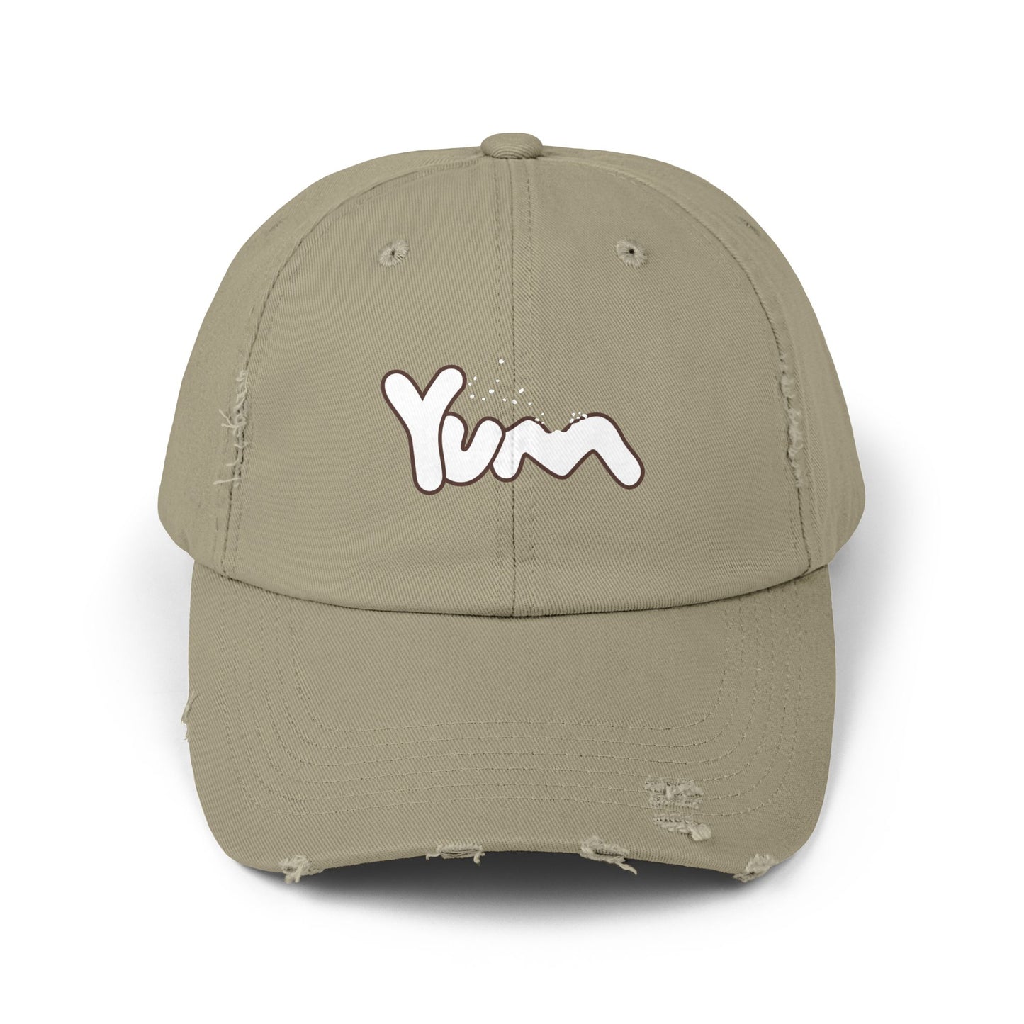 Trendy Distressed Cap with 'Yum' Design, Fashion Accessory, Gift for Food Lovers, Casual Outdoor Wear, Unique Statement Piece