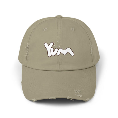 Trendy Distressed Cap with 'Yum' Design, Fashion Accessory, Gift for Food Lovers, Casual Outdoor Wear, Unique Statement Piece