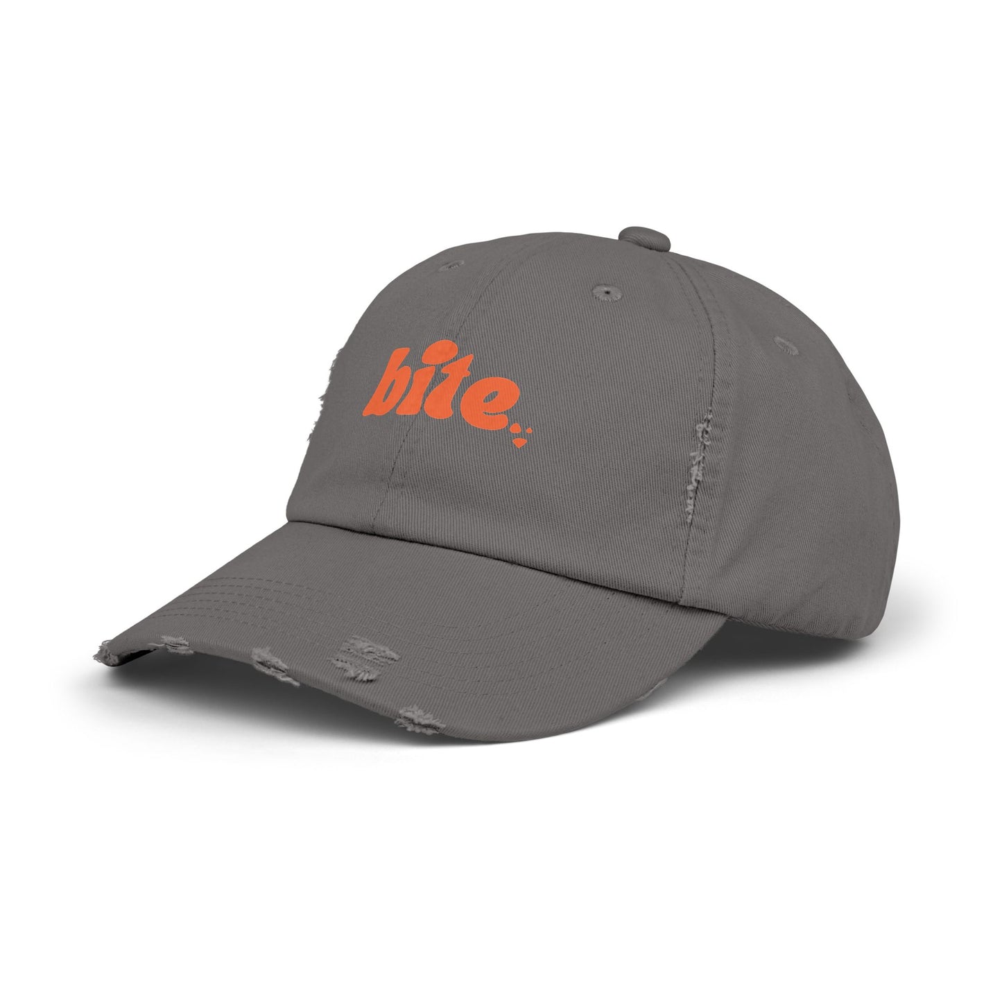 Distressed Cap with 'bite.' Design, Casual Fashion Accessory, Streetwear Style, Gift for Food Lovers, Summer Essential