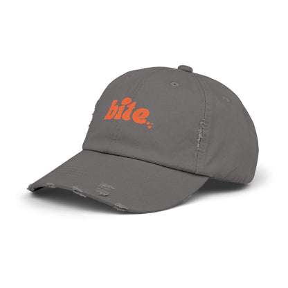 Distressed Cap with 'bite.' Design, Casual Fashion Accessory, Streetwear Style, Gift for Food Lovers, Summer Essential