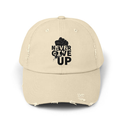 Unisex Distressed Cap with 'Never Give Up' Message - Motivational Gift for Sport Lovers, Daily Wear, Inspirational Accessory