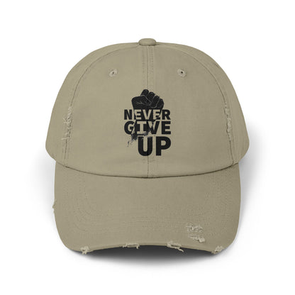 Unisex Distressed Cap with 'Never Give Up' Message - Motivational Gift for Sport Lovers, Daily Wear, Inspirational Accessory