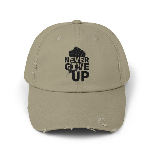Unisex Distressed Cap with 'Never Give Up' Message - Motivational Gift for Sport Lovers, Daily Wear, Inspirational Accessory