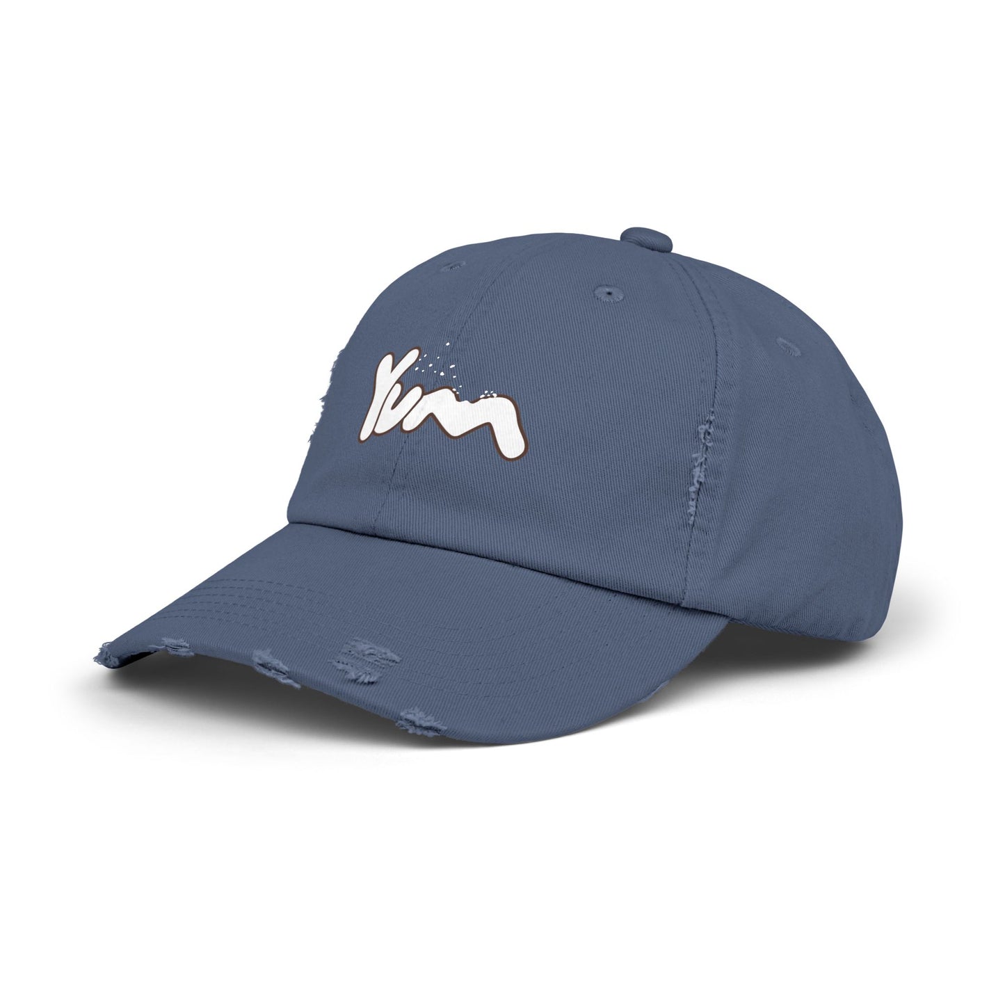 Trendy Distressed Cap with 'Yum' Design, Fashion Accessory, Gift for Food Lovers, Casual Outdoor Wear, Unique Statement Piece