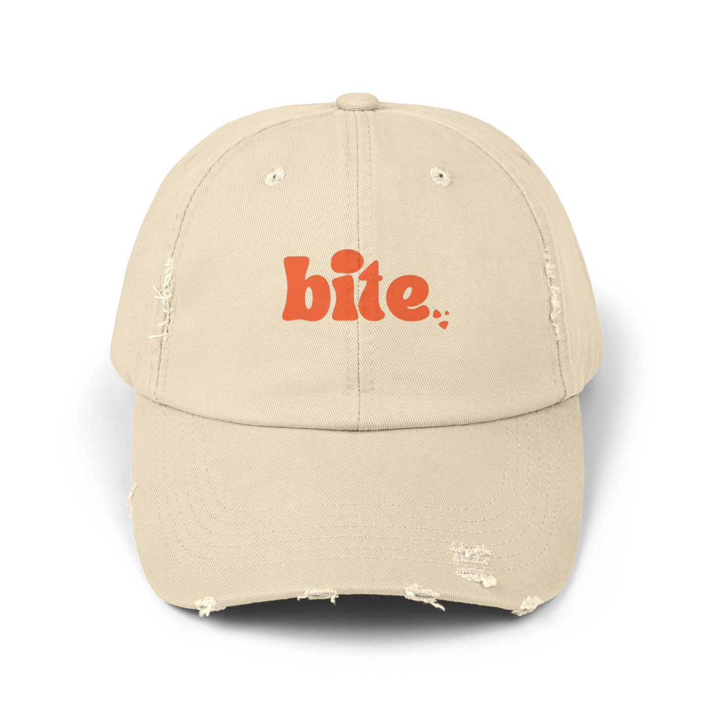 Distressed Cap with 'bite.' Design, Casual Fashion Accessory, Streetwear Style, Gift for Food Lovers, Summer Essential