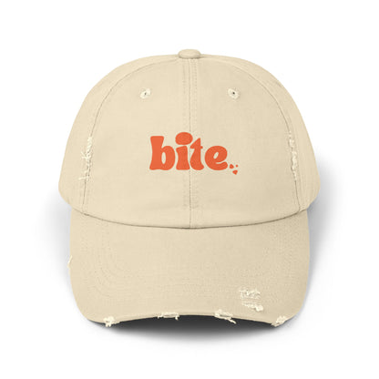 Distressed Cap with 'bite.' Design, Casual Fashion Accessory, Streetwear Style, Gift for Food Lovers, Summer Essential