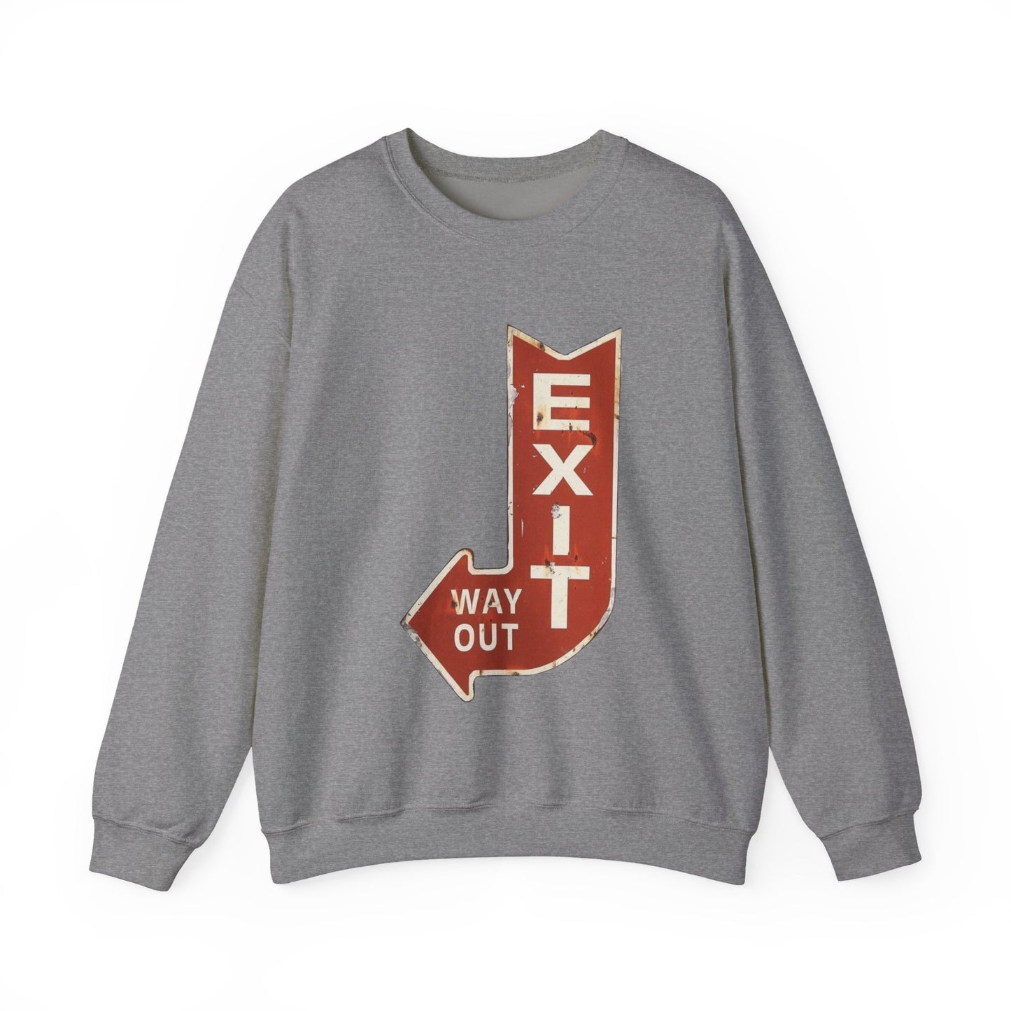 Retro Exit Sign Crewneck Sweatshirt, Unisex Comfortable Hoodie, Casual Streetwear, Perfect Gift for Art Lovers, Vintage Style Apparel