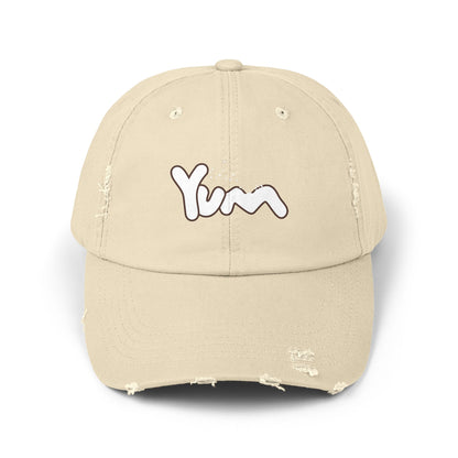 Trendy Distressed Cap with 'Yum' Design, Fashion Accessory, Gift for Food Lovers, Casual Outdoor Wear, Unique Statement Piece