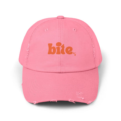 Distressed Cap with 'bite.' Design, Casual Fashion Accessory, Streetwear Style, Gift for Food Lovers, Summer Essential
