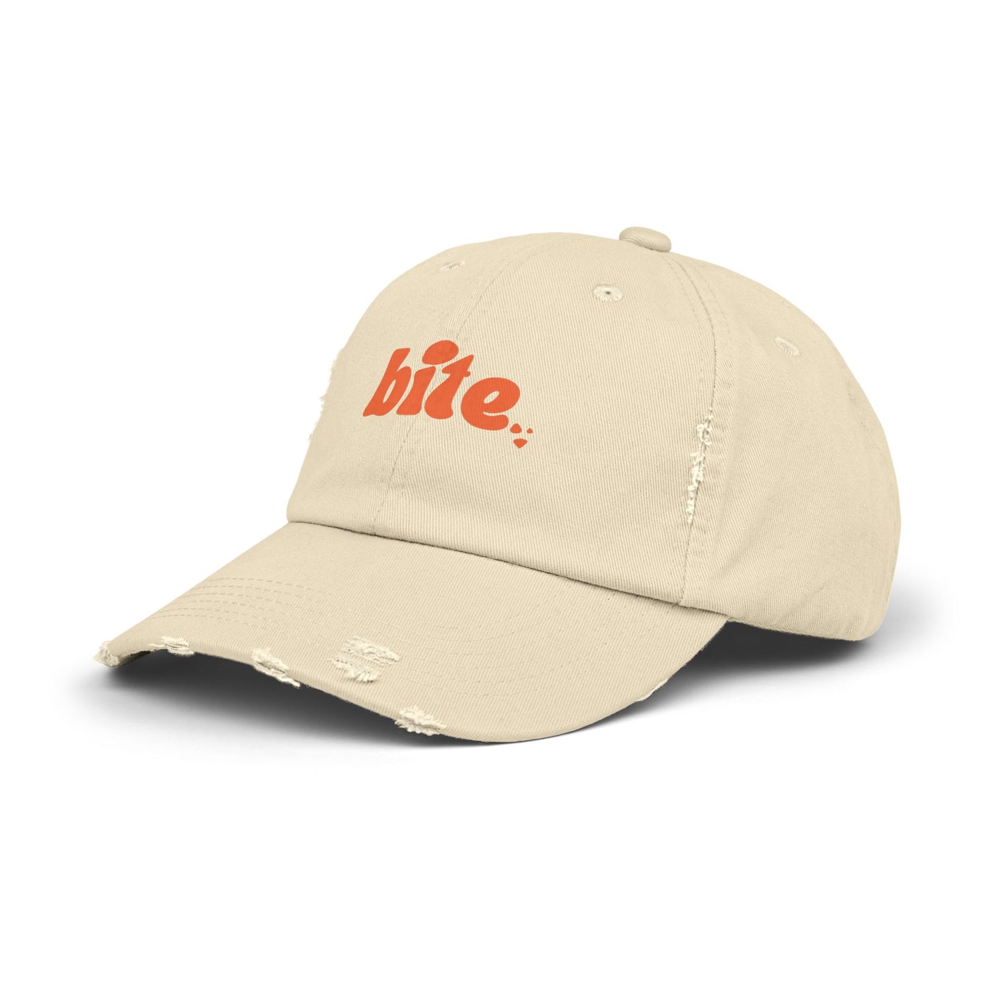 Distressed Cap with 'bite.' Design, Casual Fashion Accessory, Streetwear Style, Gift for Food Lovers, Summer Essential