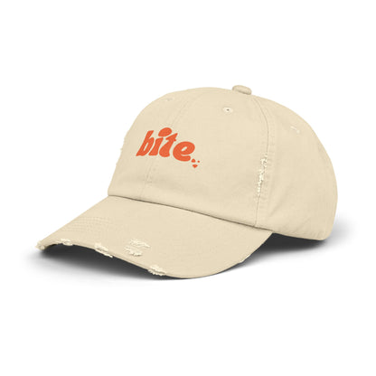 Distressed Cap with 'bite.' Design, Casual Fashion Accessory, Streetwear Style, Gift for Food Lovers, Summer Essential