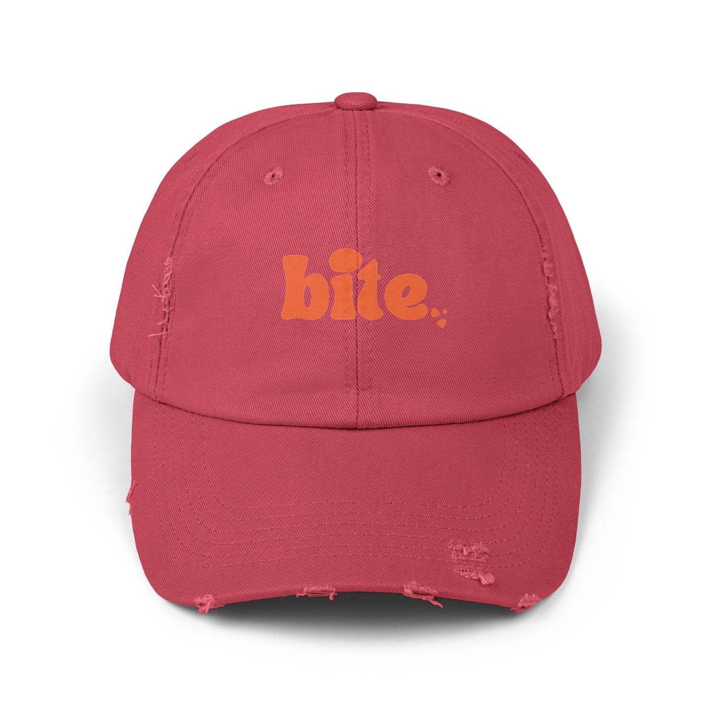 Distressed Cap with 'bite.' Design, Casual Fashion Accessory, Streetwear Style, Gift for Food Lovers, Summer Essential