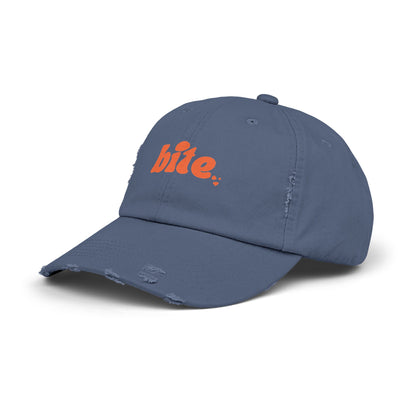 Distressed Cap with 'bite.' Design, Casual Fashion Accessory, Streetwear Style, Gift for Food Lovers, Summer Essential