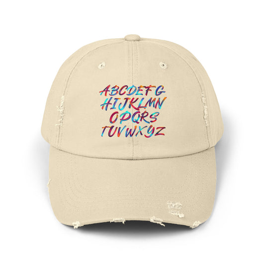 Unisex Distressed Cap with Colorful Typography | Fashionable Hat for Casual Outings, Outdoor Events, Summer Festivals, Gift for Him