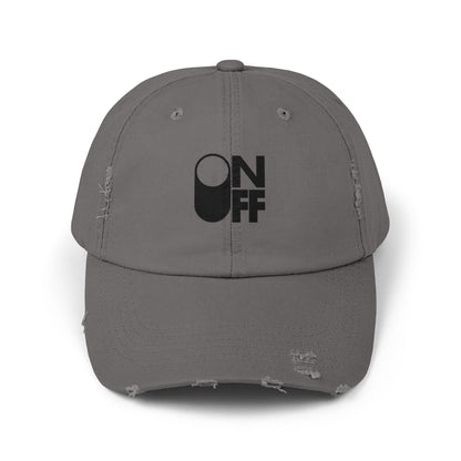 Distressed Unisex Cap with 'ON/OFF' Design, Casual Fashion Accessory, Ideal for Gifting, Everyday Wear, Summer Outings, Trendy Headwear