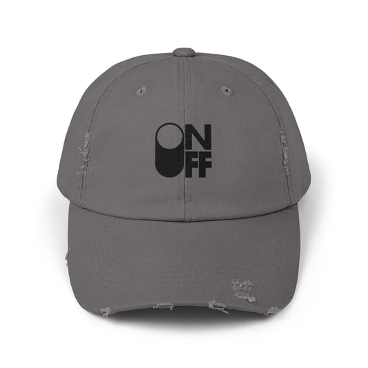 Distressed Unisex Cap with 'ON/OFF' Design, Casual Fashion Accessory, Ideal for Gifting, Everyday Wear, Summer Outings, Trendy Headwear